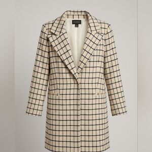 Something Navy Cream and Black Checkered Wool Blend Trench Coat